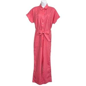 THE KIT Jumpsuit Utility Sz S Cotton Belted Button Front Short Sleeve Coral Pink
